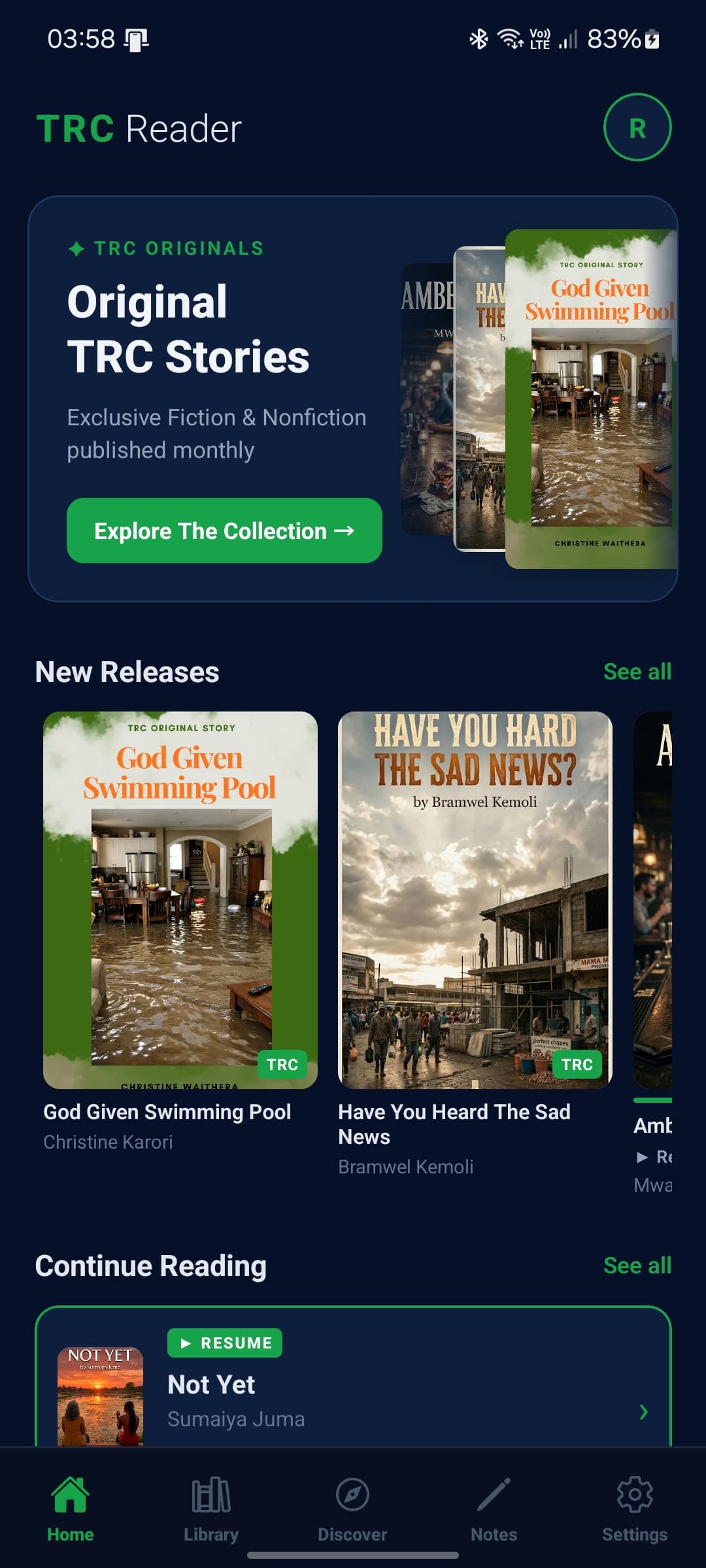 TRC Reader — Home screen