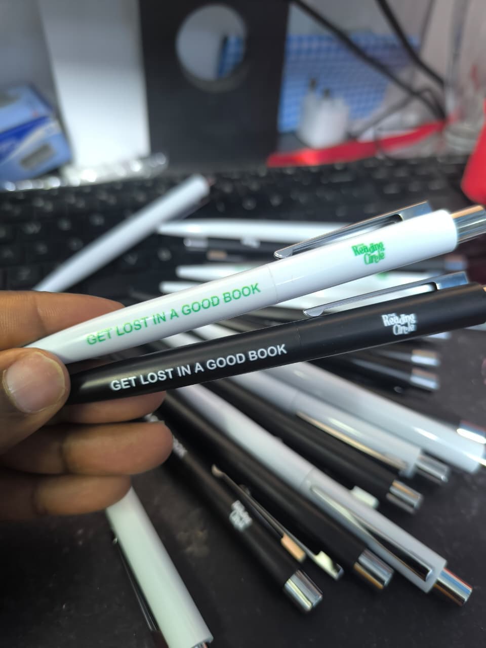 Blue and Black TRC ball-point pens